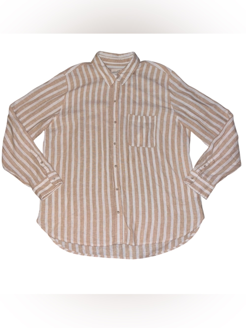EUC Universal Thread Beige Striped Button-Down Linen Rayon Shirt Large Relaxed